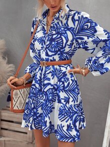 Aveloria Modichic Vestido smock con estampado floral bajo con fruncido de manga farol - Azul y blanco - Ver 4