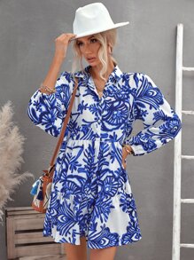 Aveloria Modichic Vestido smock con estampado floral bajo con fruncido de manga farol - Azul y blanco - Ver 5