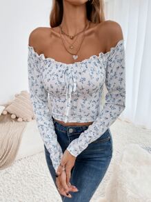 SHEIN Privé Áo thun nữ viền lá sen Thắt nút Họa tiết hoa Giải trí - Xanh và trắng - Xem 3