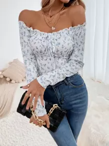 SHEIN Privé Áo thun nữ viền lá sen Thắt nút Họa tiết hoa Giải trí - Xanh và trắng - Xem 5