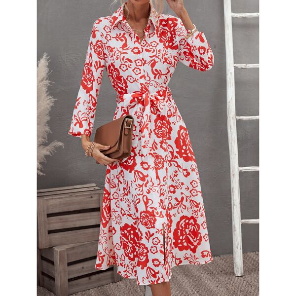 

Floral Print Belted Shirt Dress, Red and white