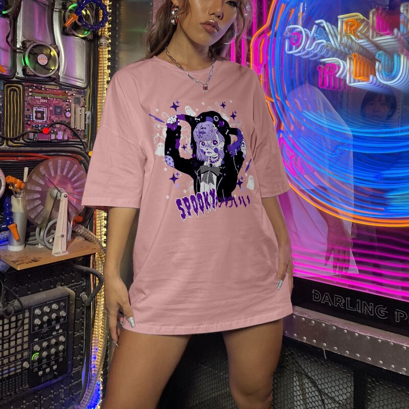 

Letter Cartoon Figure Graphic Oversized Tee, Baby pink