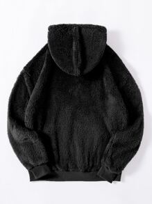 SHEIN Unity Slant Pocket Drawstring Hooded Zipper Teddy Jacket Fall Winter Cloth For Women - Black - View 2