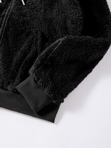 SHEIN Unity Slant Pocket Drawstring Hooded Zipper Teddy Jacket Fall Winter Cloth For Women - Black - View 3