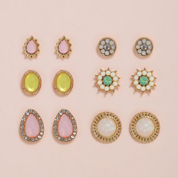 

6pairs Rhinestone Water Drop Decor Stud Earrings, Multicolor