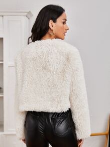 SHEIN Solid Open Front Fuzzy Coat - Beige - View 2