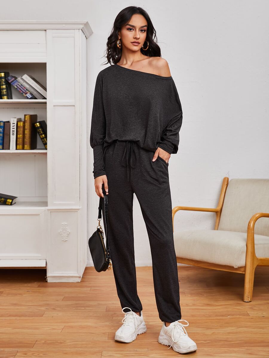 SHEIN LUNE Batwing Sleeve Solid Top & Knot Waist Pants Set - Black - View 1