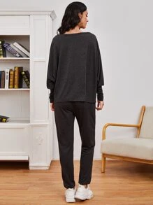 SHEIN LUNE Batwing Sleeve Solid Top & Knot Waist Pants Set - Black - View 2