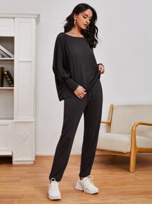 SHEIN LUNE Batwing Sleeve Solid Top & Knot Waist Pants Set - Black - View 3