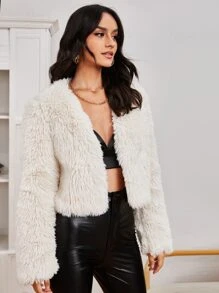 SHEIN Solid Open Front Fuzzy Coat - Beige - View 5