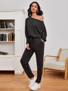 SHEIN LUNE Batwing Sleeve Solid Top & Knot Waist Pants Set - Black - View 4
