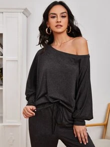 SHEIN LUNE Batwing Sleeve Solid Top & Knot Waist Pants Set - Black - View 5