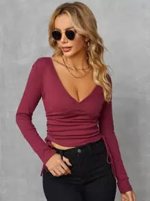 SHEIN SXY Surplice Neck Drawstring Ruched Tee - Burgundy - View 1