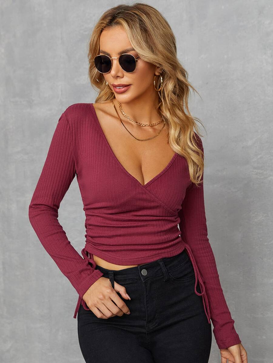 SHEIN SXY Surplice Neck Drawstring Ruched Tee - Burgundy - View 1