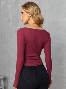 SHEIN SXY Surplice Neck Drawstring Ruched Tee - Burgundy - View 2