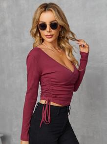 SHEIN SXY Surplice Neck Drawstring Ruched Tee - Burgundy - View 4