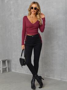 SHEIN SXY Surplice Neck Drawstring Ruched Tee - Burgundy - View 5