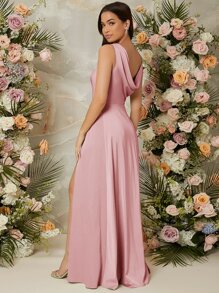 SHEIN Belle 垂坠领口开叉大腿礼服，优雅伴娘礼服 - 藕粉色 - 查看 2