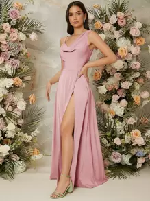 SHEIN Belle 垂坠领口开叉大腿礼服，优雅伴娘礼服 - 藕粉色 - 查看 5