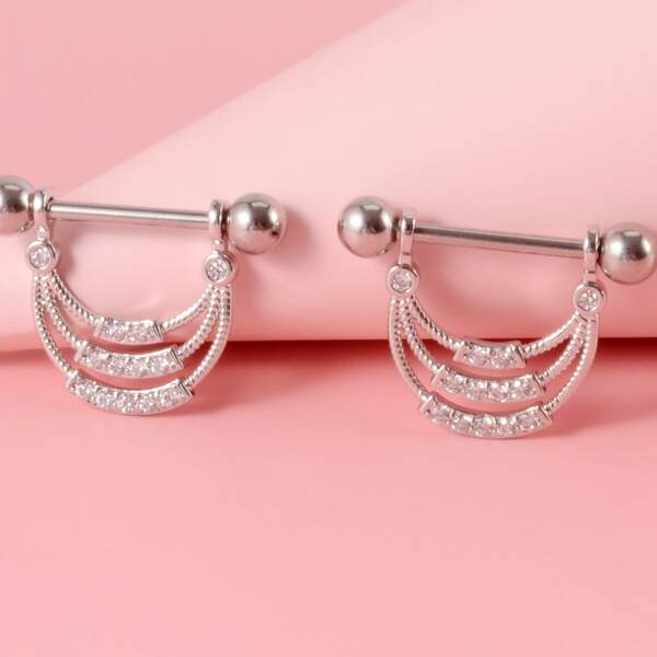 

2pcs Rhinestone Decor Nipple Stud, Silver