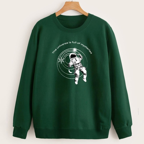 

Men Slogan & Astronaut Print Pullover, Dark green