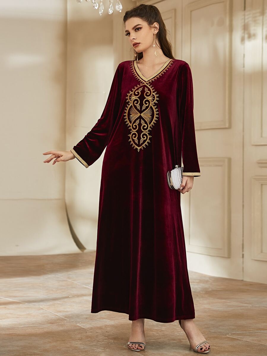 Al Najma 刺繡拼接邊絲絨長袍連衣裙 - 酒紅色 - 查看 1