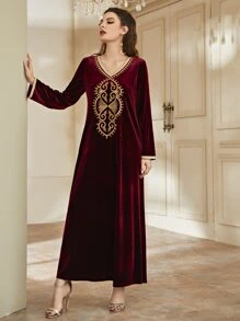 Al Najma 刺繡拼接邊絲絨長袍連衣裙 - 酒紅色 - 查看 3