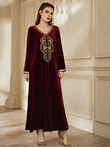 Al Najma 刺繡拼接邊絲絨長袍連衣裙 - 酒紅色 - 查看 4