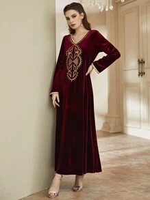 Al Najma 刺繡拼接邊絲絨長袍連衣裙 - 酒紅色 - 查看 5