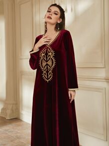 Al Najma 刺繡拼接邊絲絨長袍連衣裙 - 酒紅色 - 查看 6