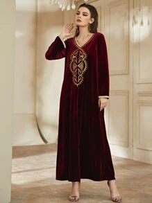 Al Najma 刺繡拼接邊絲絨長袍連衣裙 - 酒紅色 - 查看 7