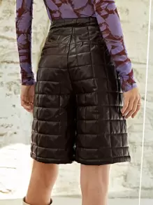 SHEIN Unity 高腰衍縫PU皮革闊腿短褲 - 咖啡棕 - 查看 2