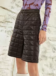 SHEIN Unity 高腰衍縫PU皮革闊腿短褲 - 咖啡棕 - 查看 3