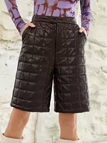 SHEIN Unity 高腰衍縫PU皮革闊腿短褲 - 咖啡棕 - 查看 4