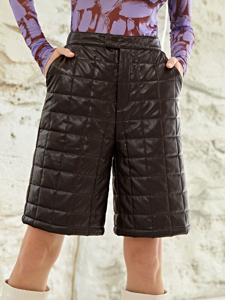 SHEIN Unity 高腰衍縫PU皮革闊腿短褲 - 咖啡棕 - 查看 4