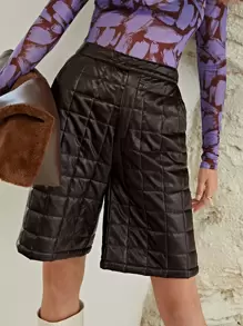 SHEIN Unity 高腰衍縫PU皮革闊腿短褲 - 咖啡棕 - 查看 6