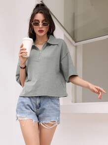 Mulvari Women T-Shirts Zip Plain Casual - Grey - View 1