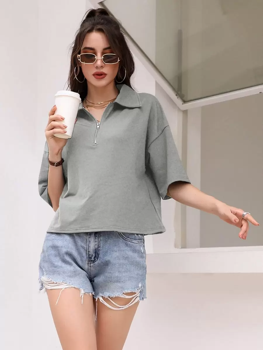 Mulvari Women T-Shirts Zip Plain Casual - Grey - View 1