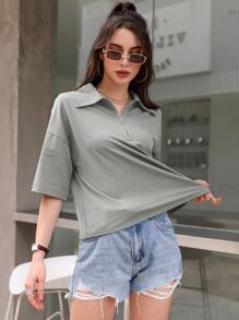 Mulvari Women T-Shirts Zip Plain Casual - Grey - View 3