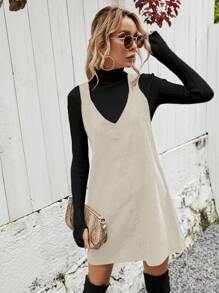 Pariaura Corduroy Solid Pinafore Dress Without Jumper - Apricot - View 4