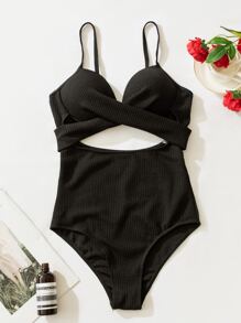 SHEIN Swim Summer Beach Solid Criss Cross Push Up One Piece Swimsuit - Black - View 5