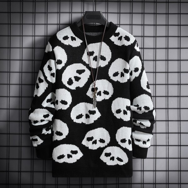 

Men Skull Pattern Sweater, Black and white