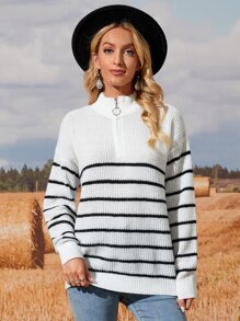 EMERY ROSE Striped Pattern Half Zip Drop Shoulder Sweater - Black and White - View 1