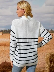 EMERY ROSE Striped Pattern Half Zip Drop Shoulder Sweater - Black and White - View 2