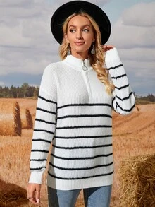 EMERY ROSE Striped Pattern Half Zip Drop Shoulder Sweater - Black and White - View 3