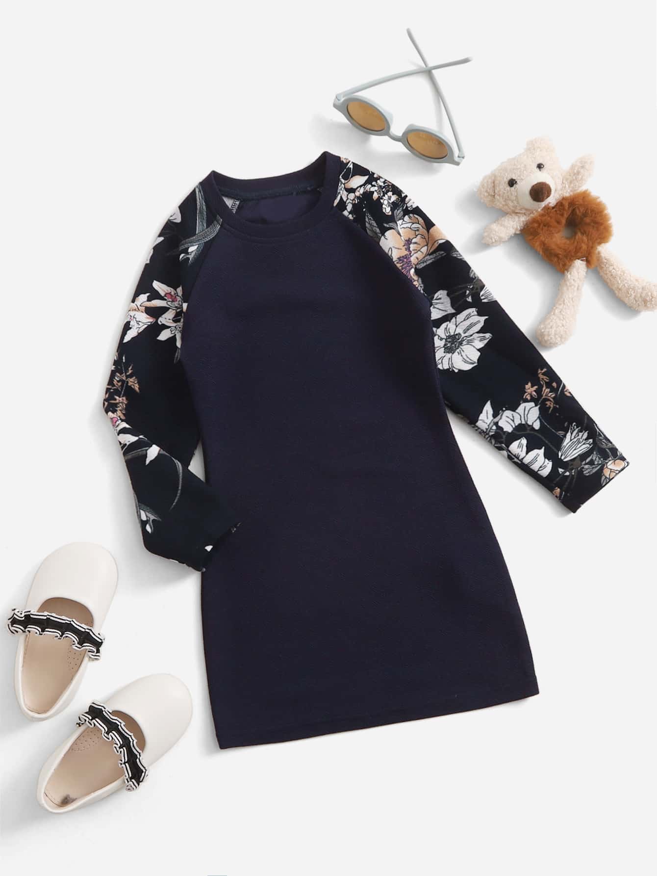 SHEIN Young Girl Floral Print Raglan Sleeve Dress - Navy Blue - View 1