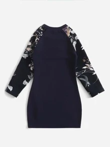 SHEIN Young Girl Floral Print Raglan Sleeve Dress - Navy Blue - View 2