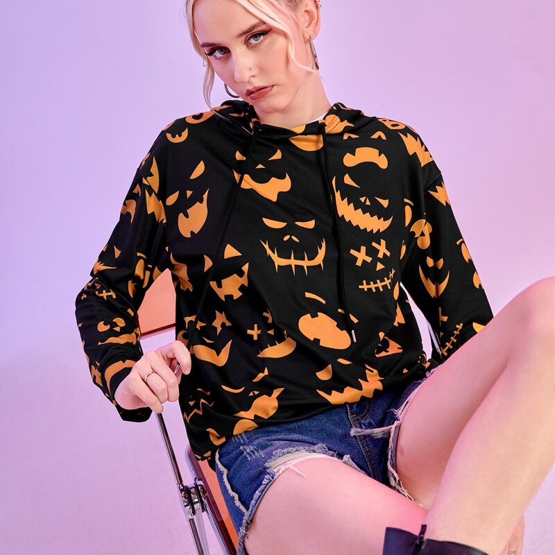 

Halloween Graphic Drawstring Hoodie, Multicolor