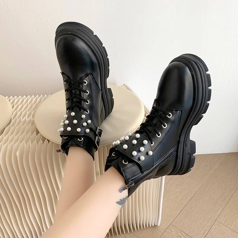 

Faux Pearl Decor Combat Boots, Black
