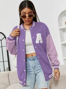 SHEIN Unity 撞色字母貼布落肩袖學院風夾克 - 紫羅蘭色 - 查看 3